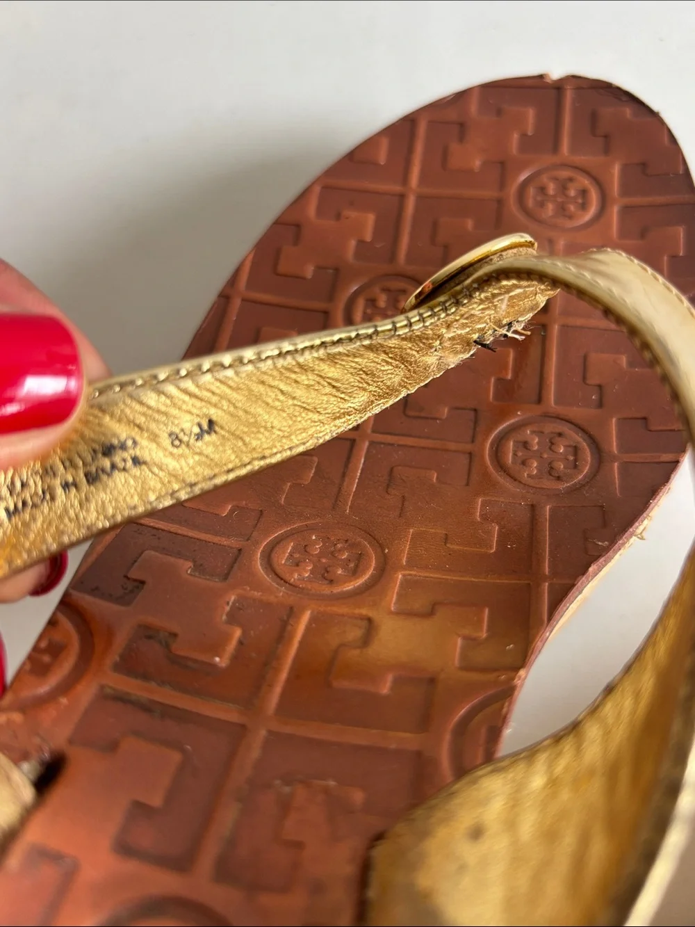 Tory Burch Thora Metallic Gold Leather Cork Wedge Thong Sandals